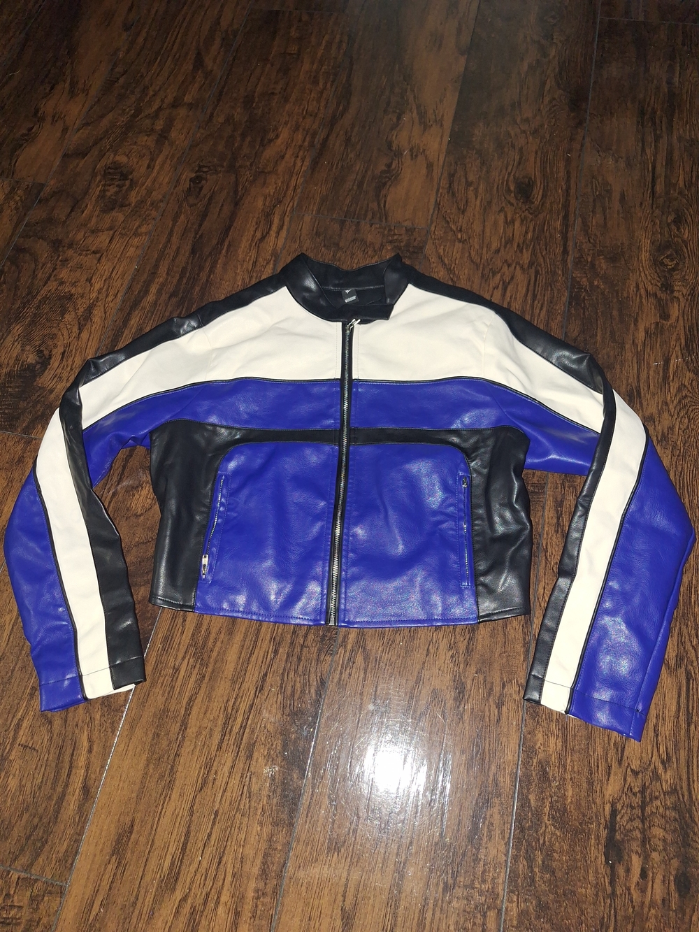Windsor Blue, Black & White Colorblock Faux Leather Jacket